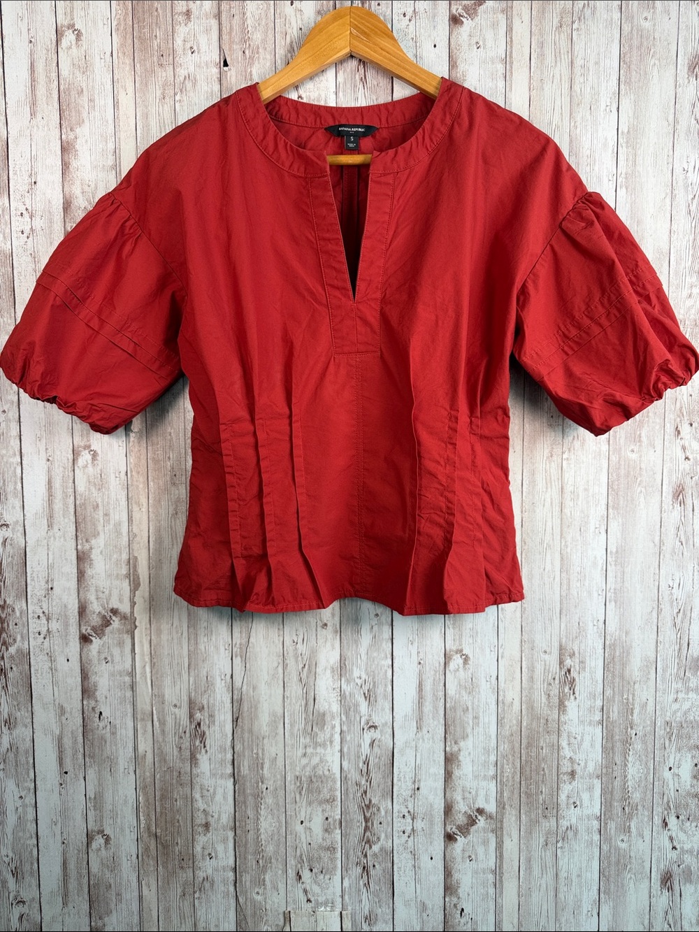 Banana Republic Puff Sleeve Pintuck Poplin Blouse sz Small Burnt Orange Red Fall